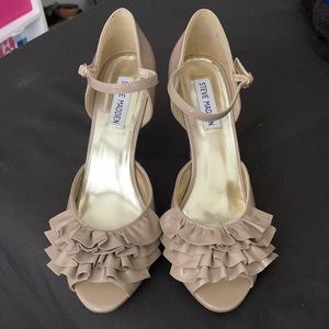 Tan Faux Leather Steve Madden Peep Toe Ruffle Heel